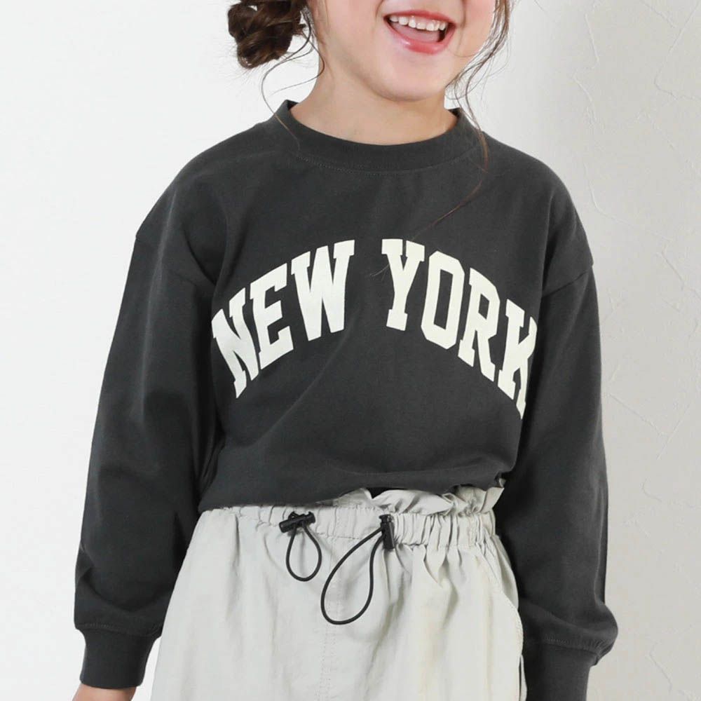 100%棉 定番印花寬版長袖上衣-NEW YORK-黑