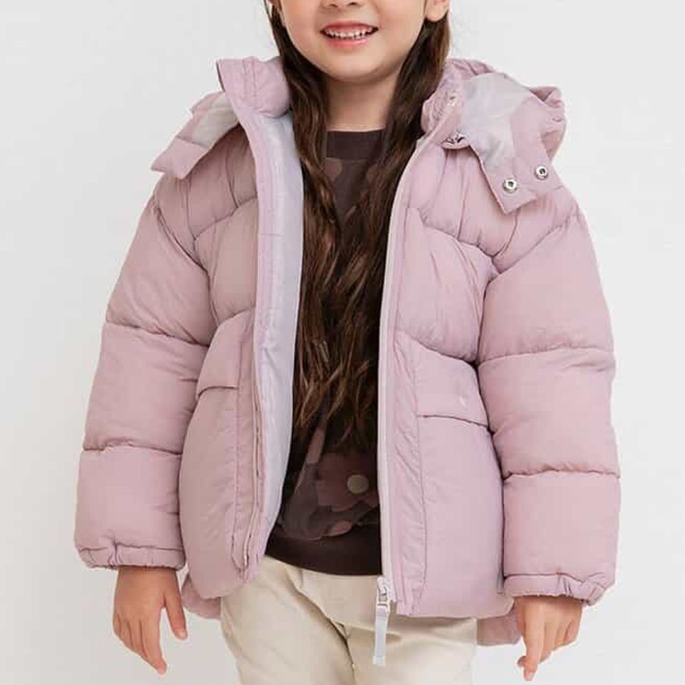 [可機洗]蓬鬆輕盈時尚連帽保暖外套-粉紅