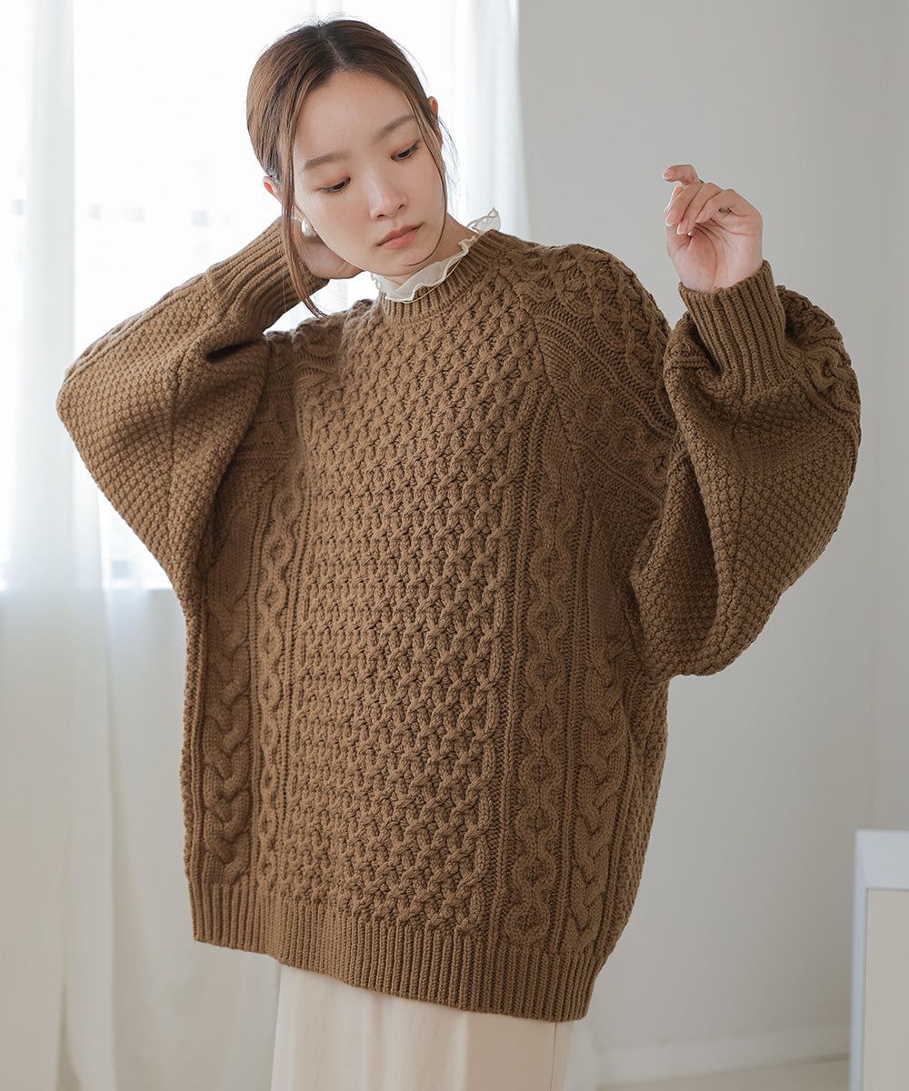 日本 Bab - 麻花編織大寬袖針織上衣-炭灰