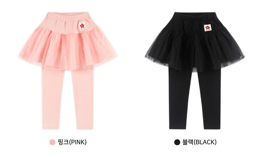 韓國 WALTON kids - 紅花點綴網紗蓬裙內搭褲-黑
