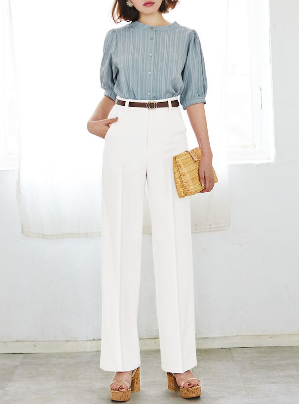 日本 GRL - 簡約圓領泡泡短袖襯衫-寶貝藍 (F)