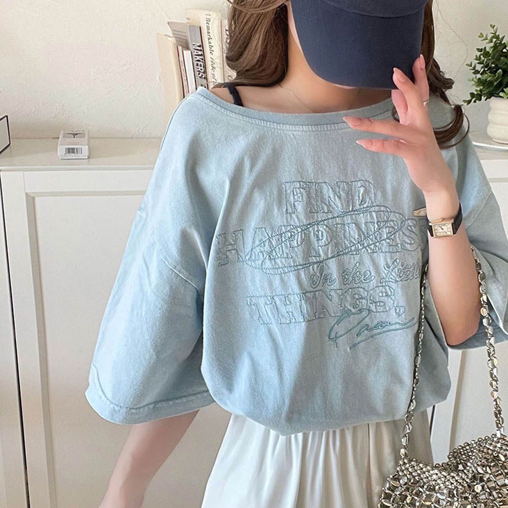 純棉復古logo船領前後穿短袖上衣-藍