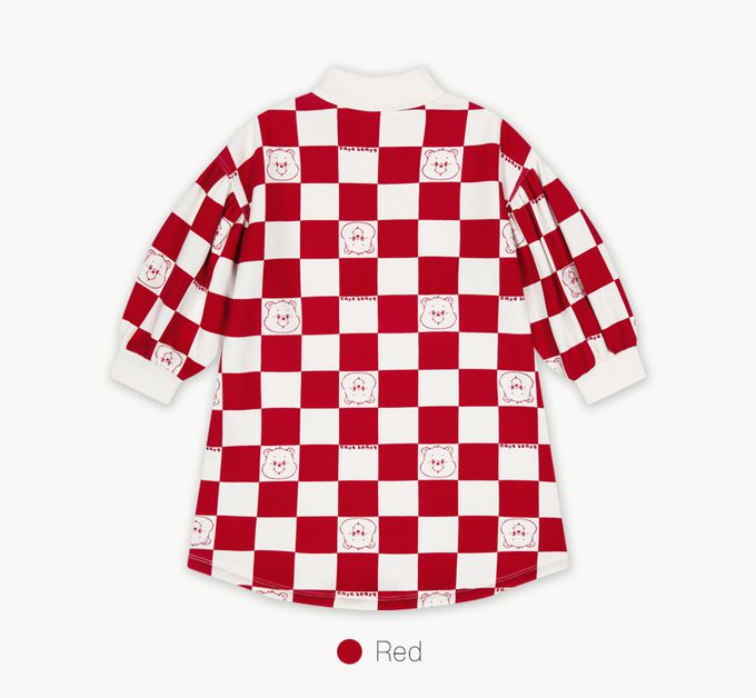 韓國 Care Bears - 聯名款方塊格印內刷毛連身洋裝-紅X白
