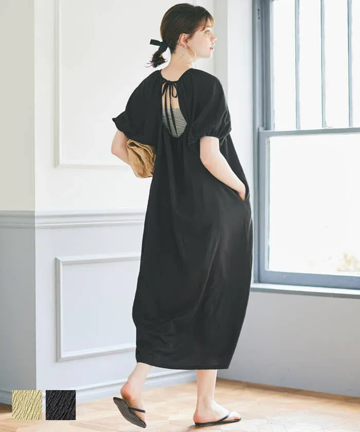 日本 COCA - 甜美後綁帶短袖洋裝-卡其