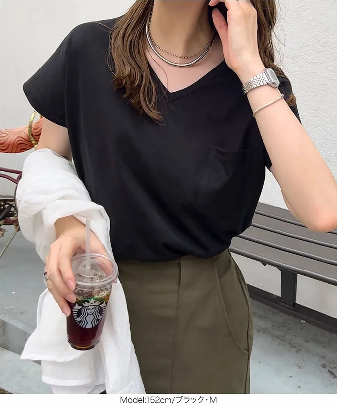 日本 Kobe Lettuce - 抗透汗 純棉V領口袋修身短袖上衣-墨綠