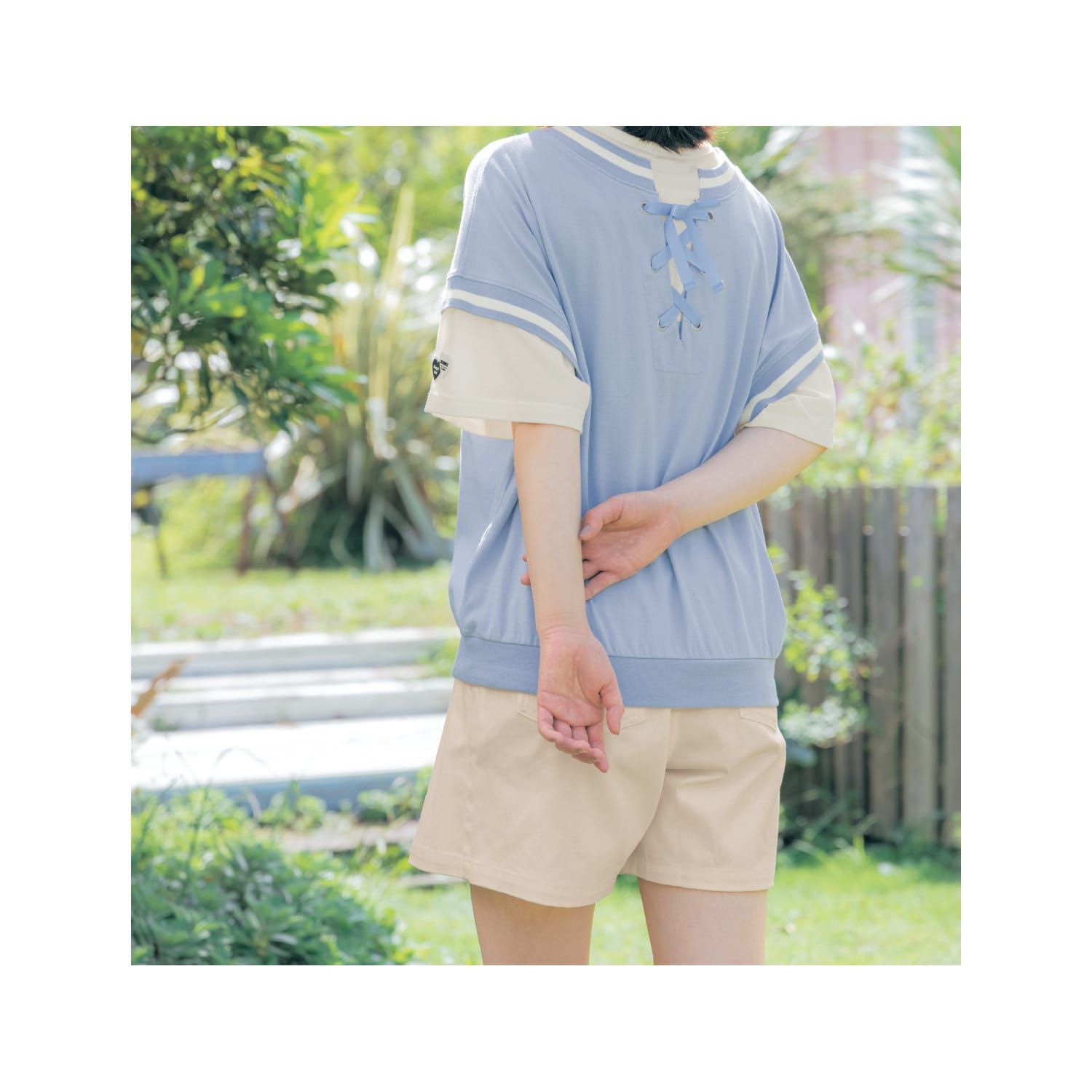 日本 Papel lapiz - 背後緞帶假二件落肩感短袖上衣-淺卡其