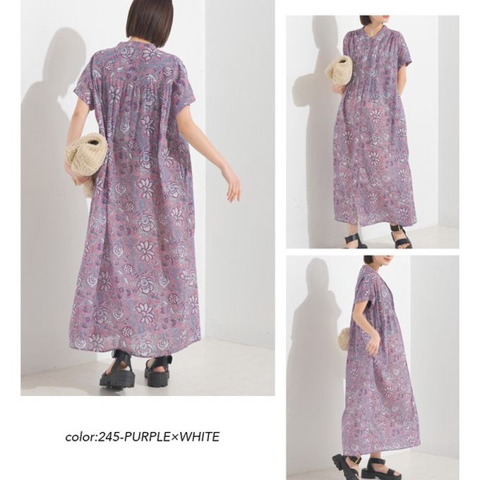 日本 OMNES - 100%印度棉 襯衫式印花短袖洋裝-黑底滿版花