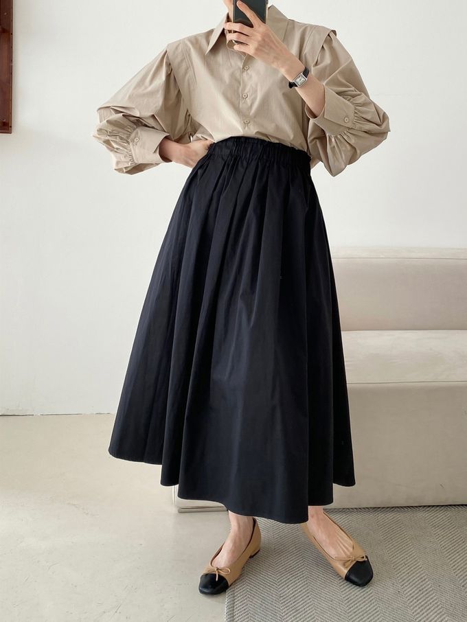 韓國女裝連線 - 寬鬆緊帶顯瘦修臀打褶圓裙-黑 (FREE)