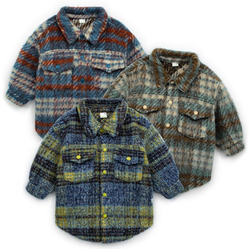 韓國Pimpollo - 藍格紋襯衫型保暖外套-黃