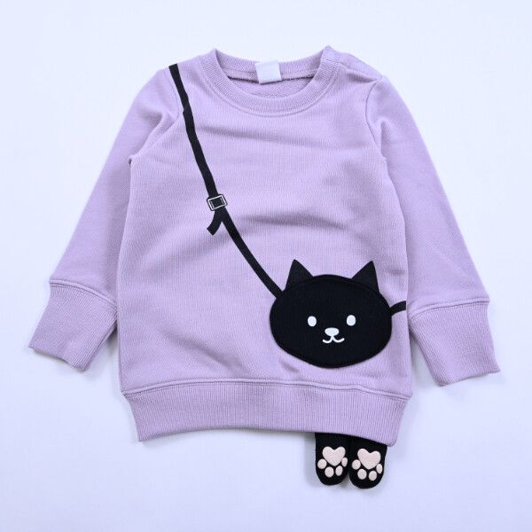 日本 Baby Room - 裏毛立體造型長袖上衣-黑貓包包-紫羅蘭
