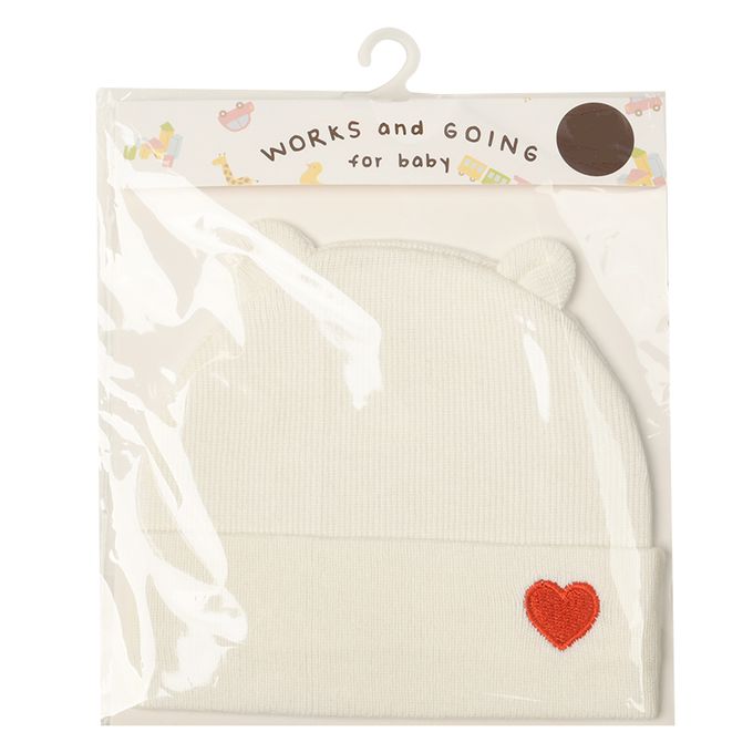 akachan honpo - 新生兒針織帽-愛心刺繡-米白色 (32~36cm)