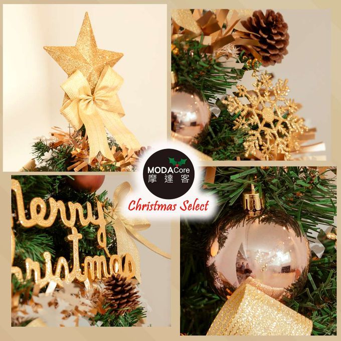 MODACore 摩達客 - 摩達客台製3尺/3呎(90cm)豪華型裝飾綠色聖誕樹/檳金白大雪花金果球系全套飾品組+50燈LED燈串暖白光-USB電池盒兩用充電