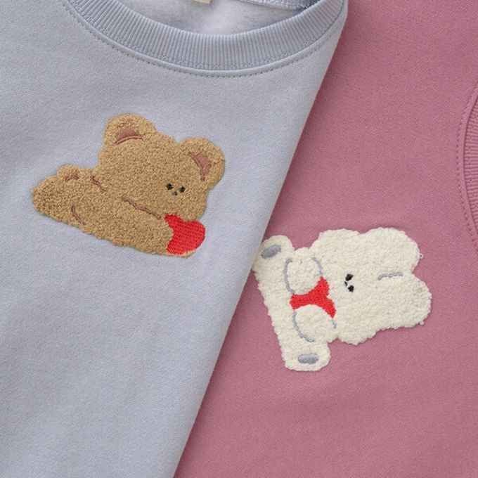 日本 Lycee mine - 可愛相良刺繡裏起毛長袖上衣-愛心小熊-淺藍