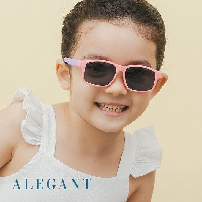 ALEGANT - 繽紛草莓粉紫拚色中性兒童專用輕量方形彈性偏光墨鏡│UV400太陽眼鏡