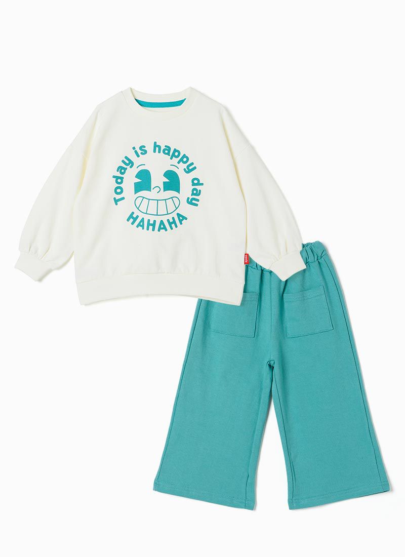 韓國 OZKIZ - HAHA笑臉休閒長袖寬褲套裝-米X藍綠