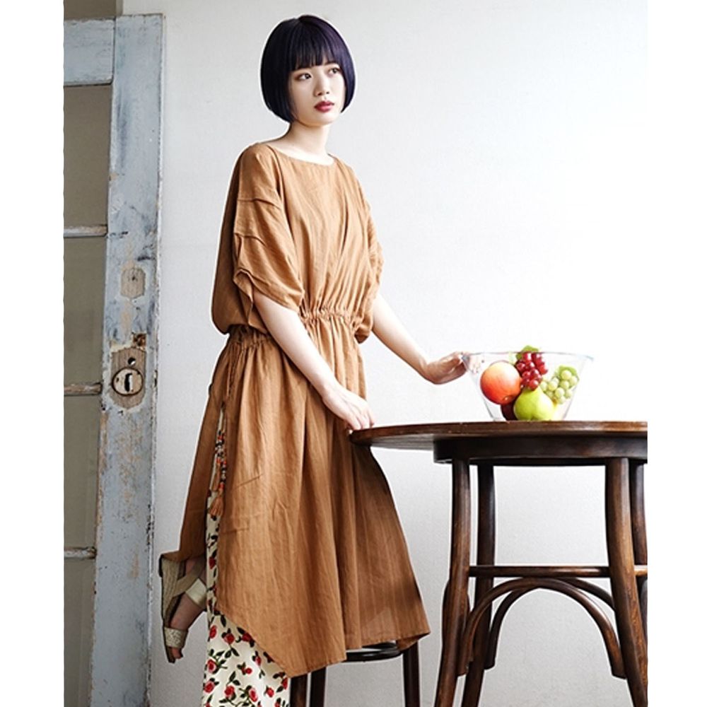 日本 zootie - 民族風 縮腰綁帶高衩短袖洋裝/罩衫-焦糖