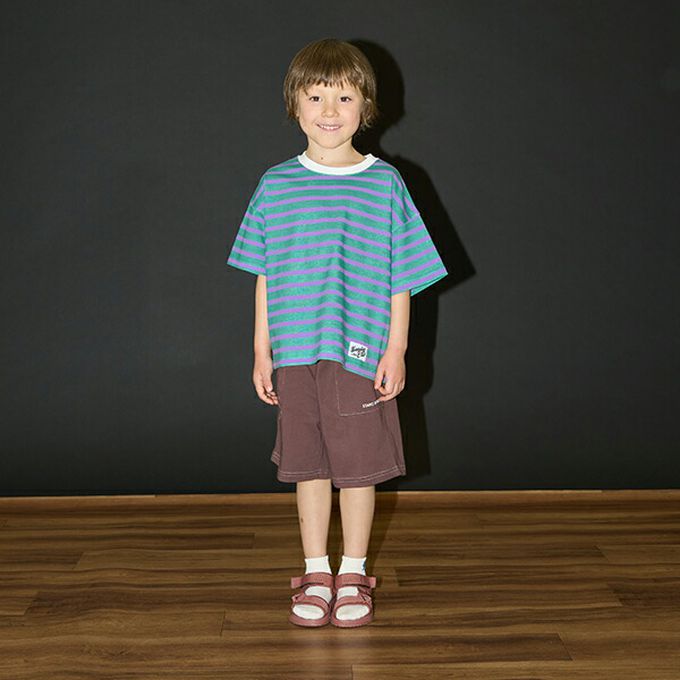 日本 b-ROOM - 柔軟不易皺條紋落肩短袖上衣-綠x紫