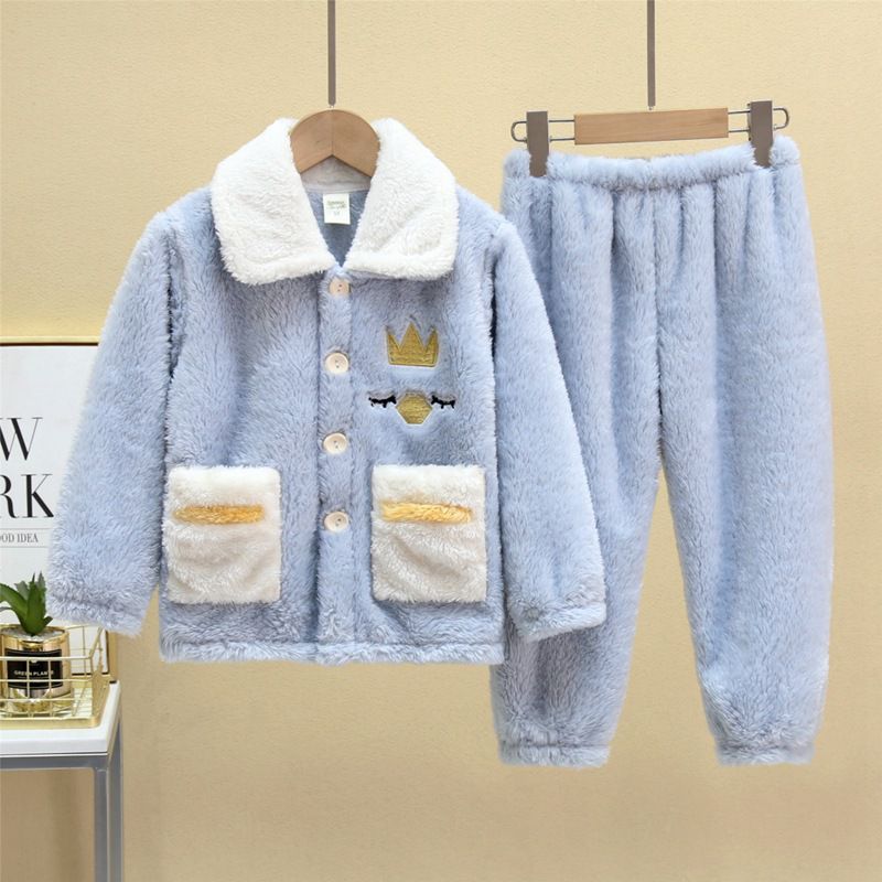 法蘭絨兒童長袖睡衣-皇冠企鵝-灰藍色