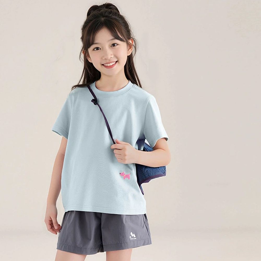 軟綿綿百搭短袖上衣/T恤-小狗印花-藍色