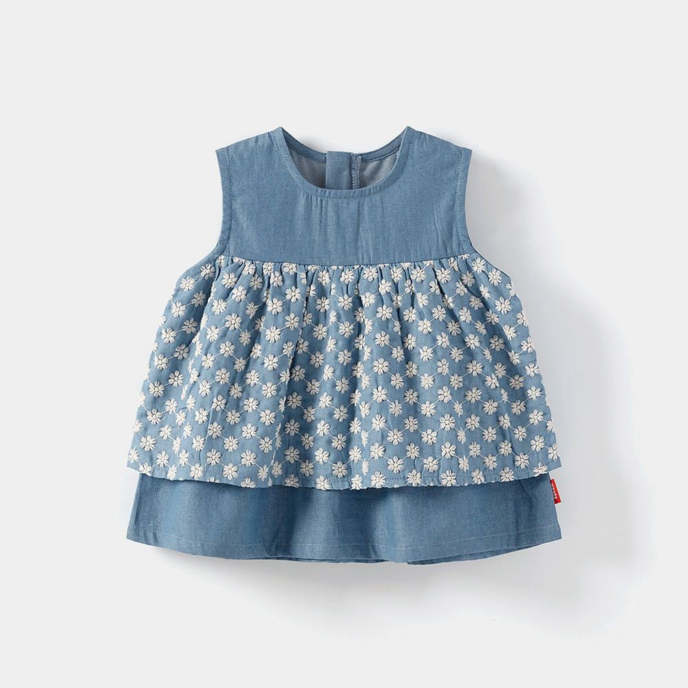 刺繡緹花點綴層次背心上衣-丹寧藍