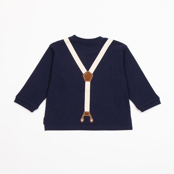 日本 petit main - 聯名款 英倫風刺繡吊帶印花長袖上衣-卡通人物米奇-條紋