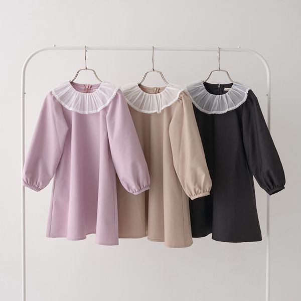 日本 Lycee mine - 薄紗領光澤面料長袖洋裝-粉紅