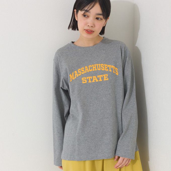 日本 OMNES - 100%棉 簡約英文標語長袖上衣-蘋果綠