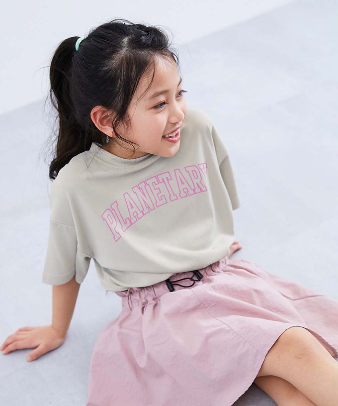 日本 devirock - 速乾網眼 女孩印花短袖上衣-英文logo-羅蘭紫