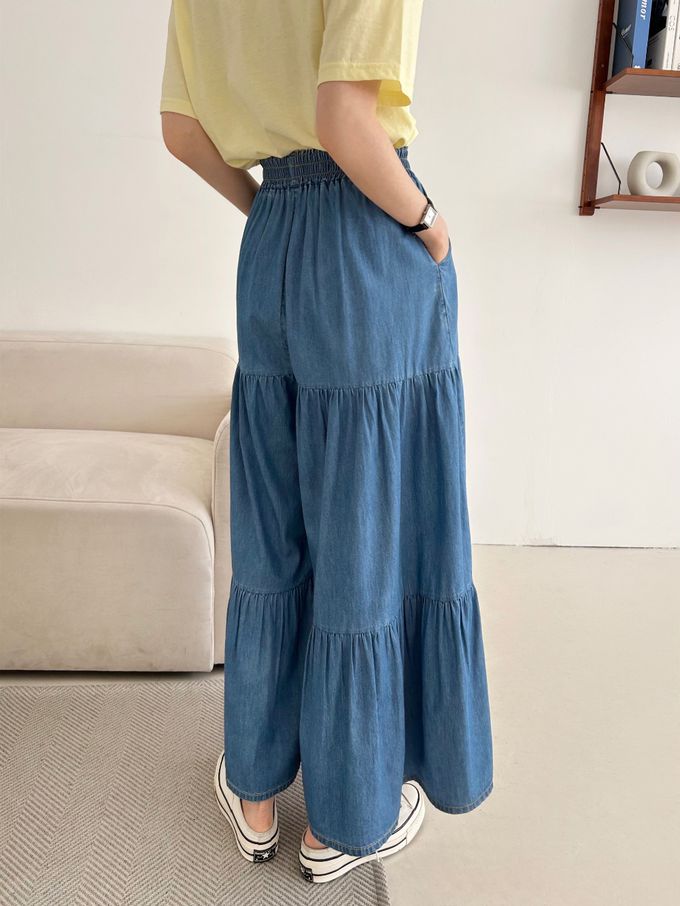 韓國女裝連線 - 鬆緊腰薄丹寧蛋糕長寬褲-中青 (FREE)