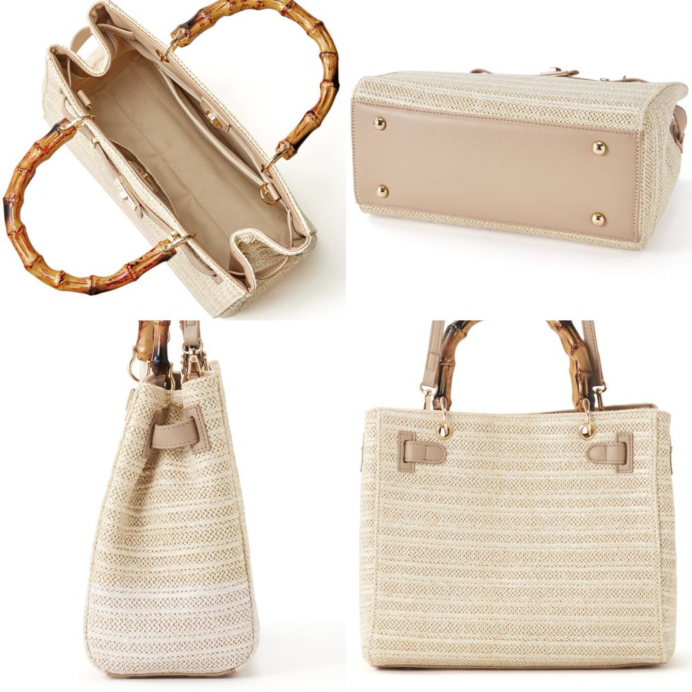 日本 GRL - 仿竹把手編織紋梯形手提包/側背包-摩卡 (F)