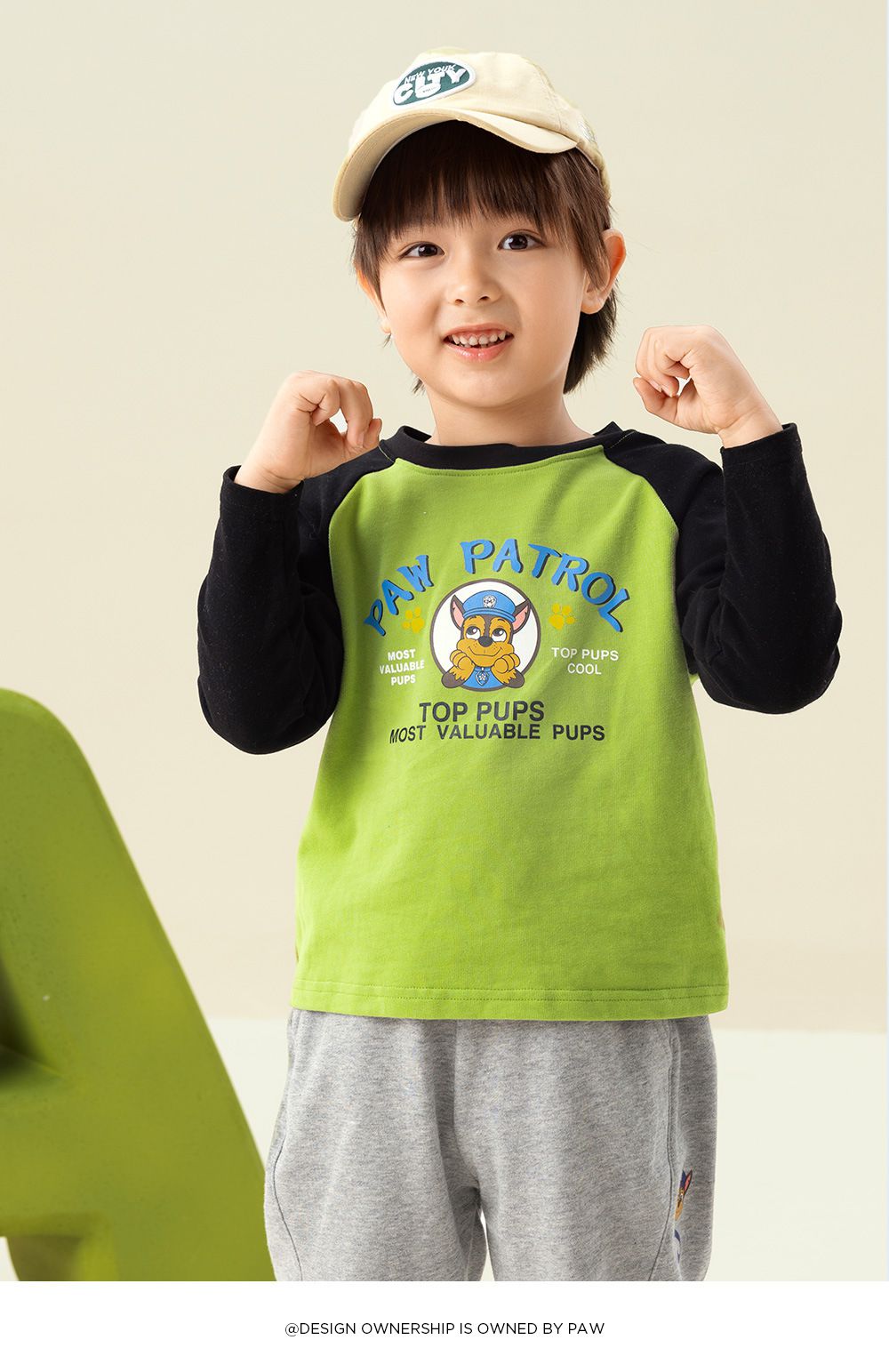 卡通汪汪隊純棉圓領長袖上衣-卡通人物小礫-黃+灰