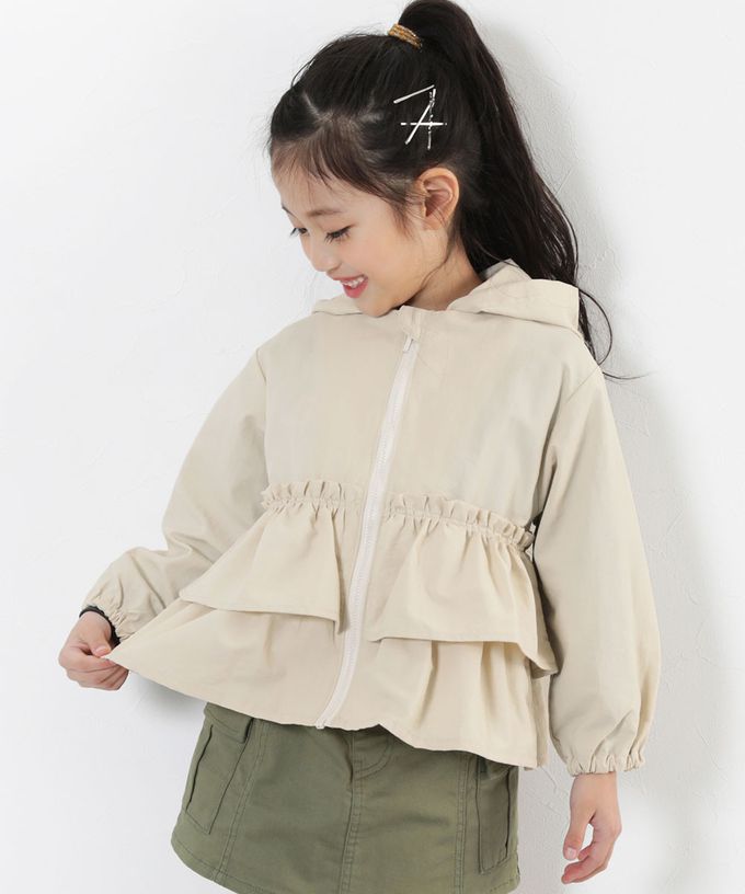 日本 devirock - 防潑水 層次荷葉輕量連帽風衣外套(帽可拆)-米白