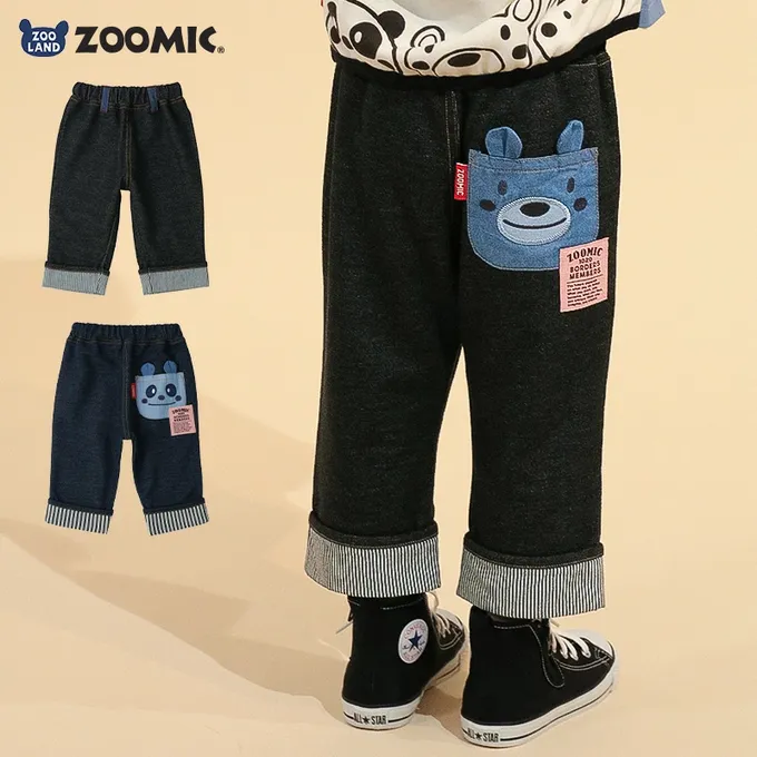 日本 ZOOLAND - 可愛熊口袋條紋反摺七分褲-貓熊-海軍藍