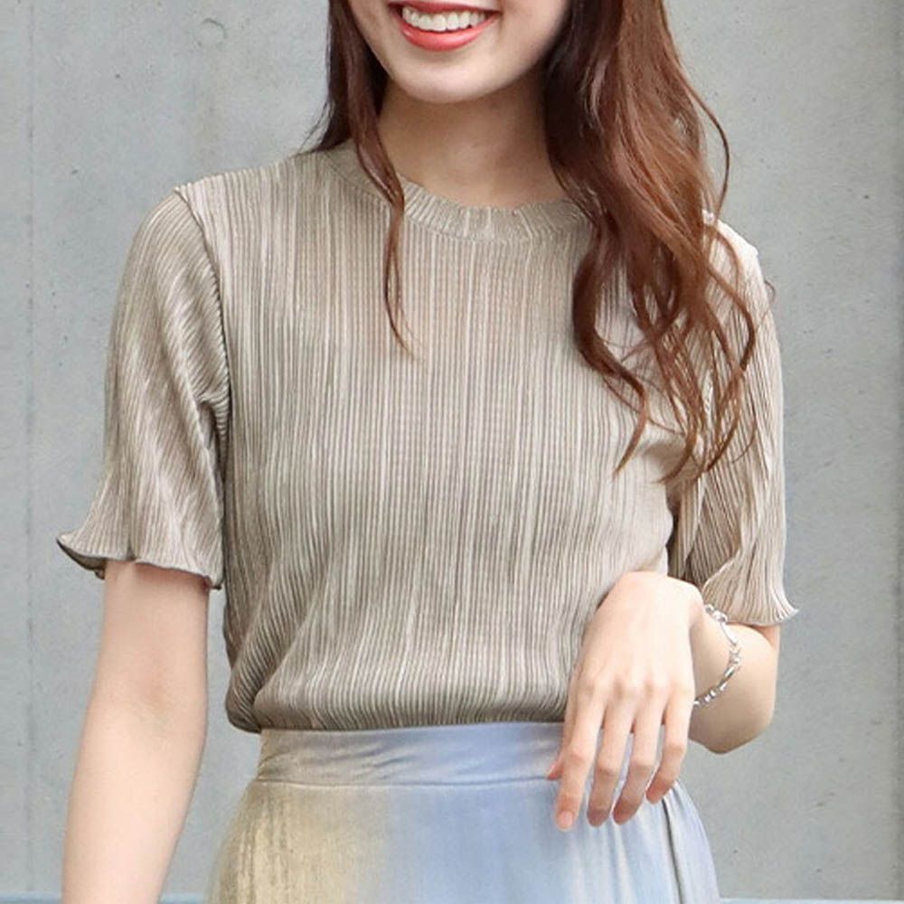 韓國製 圓領輕盈細摺光澤短袖上衣-卡其 (M)