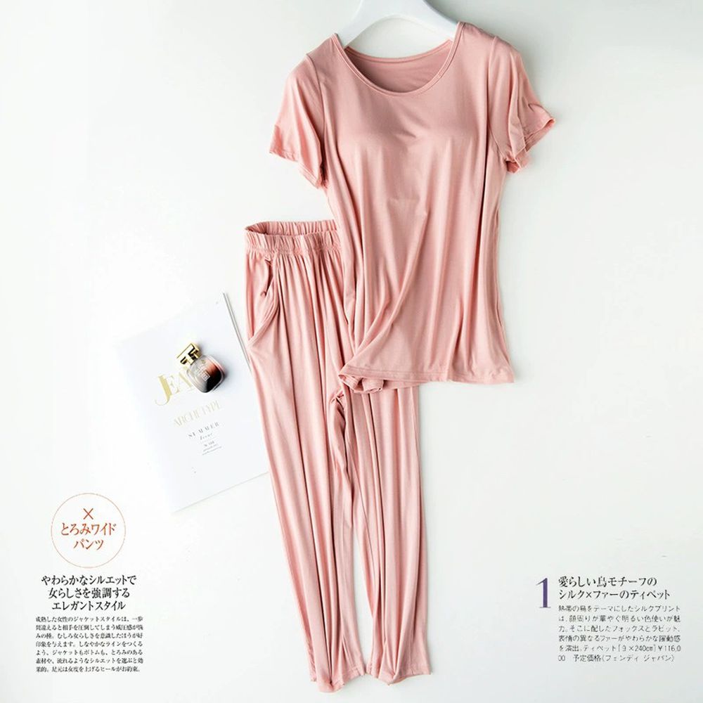 莫代爾絲柔Bra家居服套裝-短袖X七分褲-粉