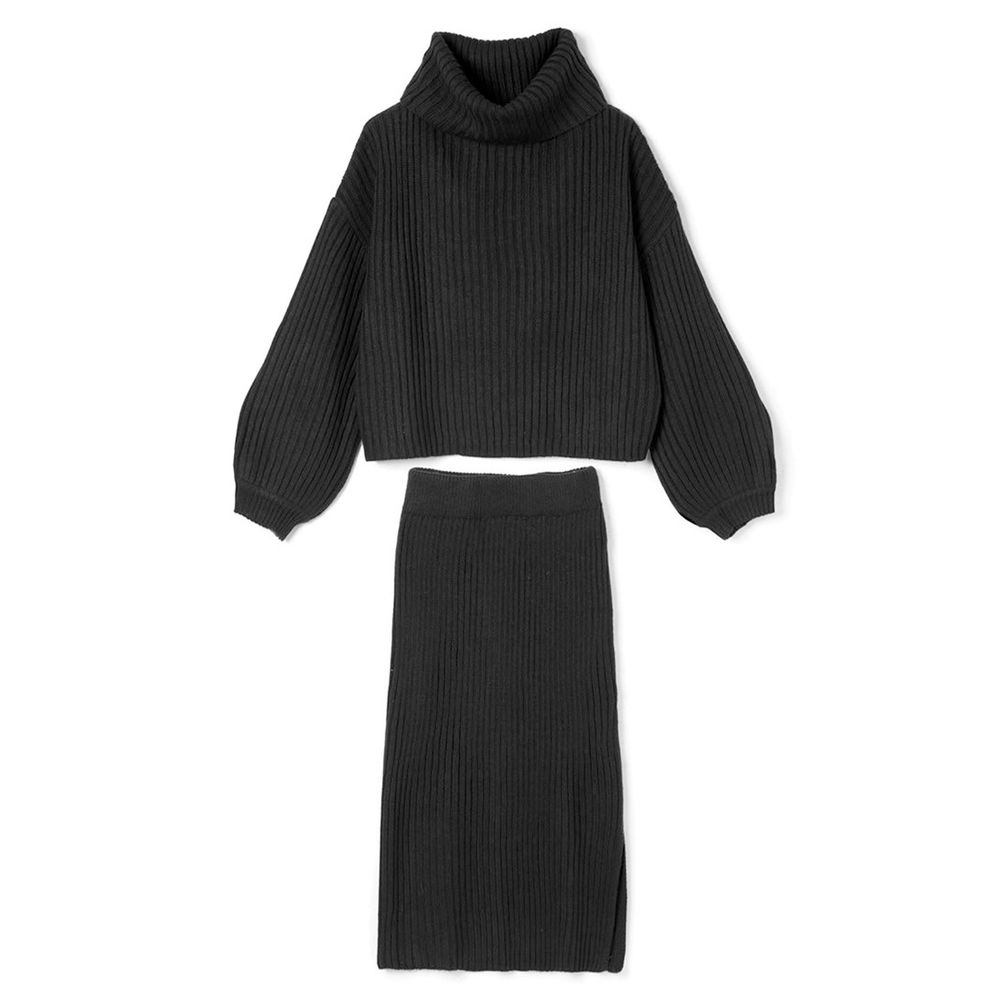 日本服飾代購 - GRL 兩件式高領羅紋針織套裝-帥氣黑