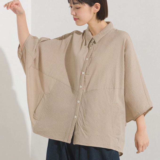 日本 OMNES - 100%印度棉 柔軟透氣寬袖襯衫(附口袋)-炭黑