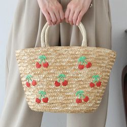 日本 BLUE EAST - 可愛水果刺繡夏日草編手提包-櫻桃