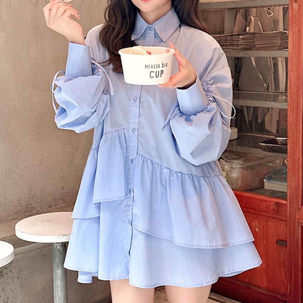 時尚抽繩荷葉擺襯衫領短洋裝-水藍 (F)