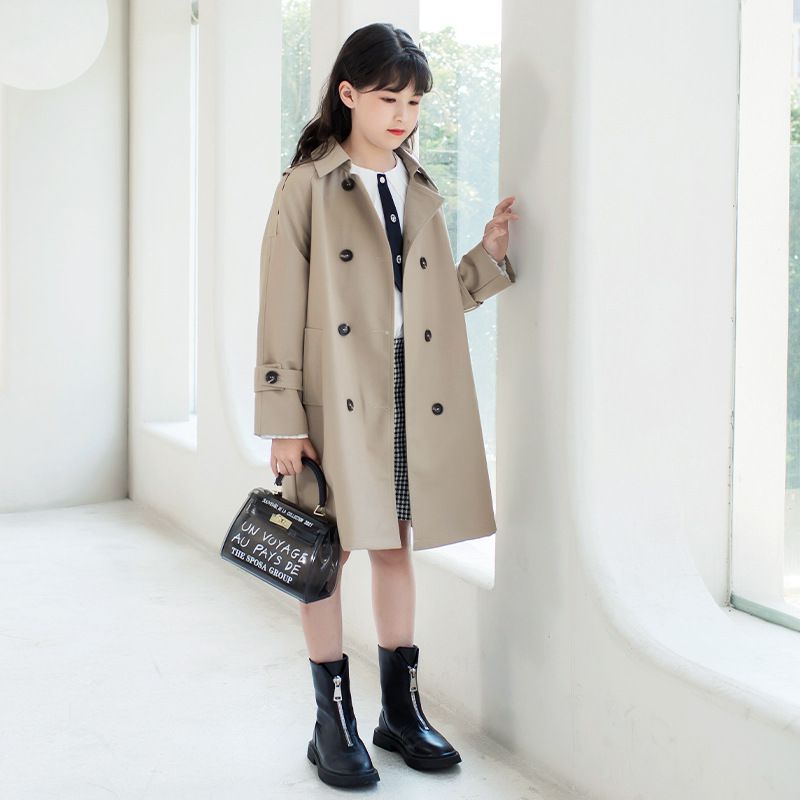 英倫風氣質長版風衣外套-杏色