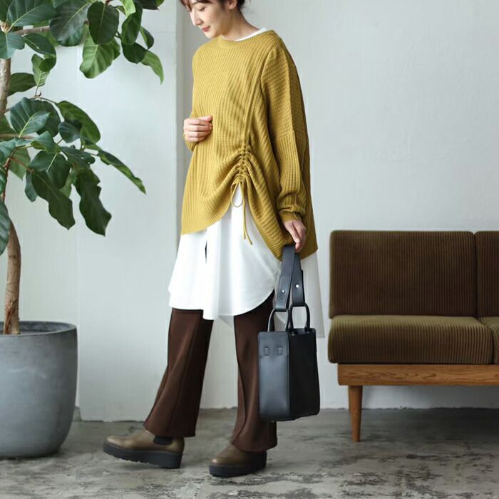 日本 ihuu - 側抽繩落肩船領針織上衣-米杏