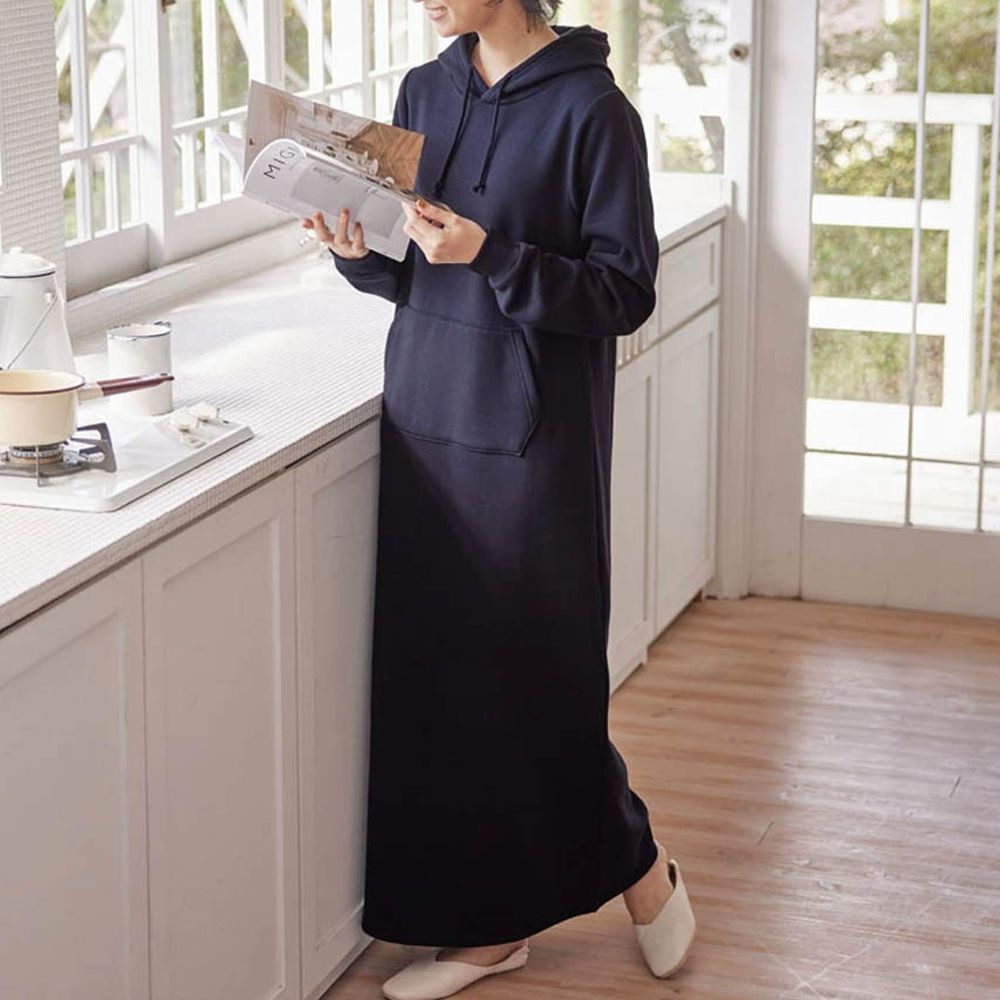 極上溫暖 裏起毛修身帽T長袖洋裝-海軍藍