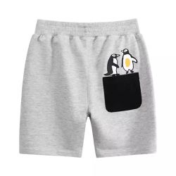 27KIDS - 純棉腰鬆緊五分褲-撞色口袋企鵝-灰色