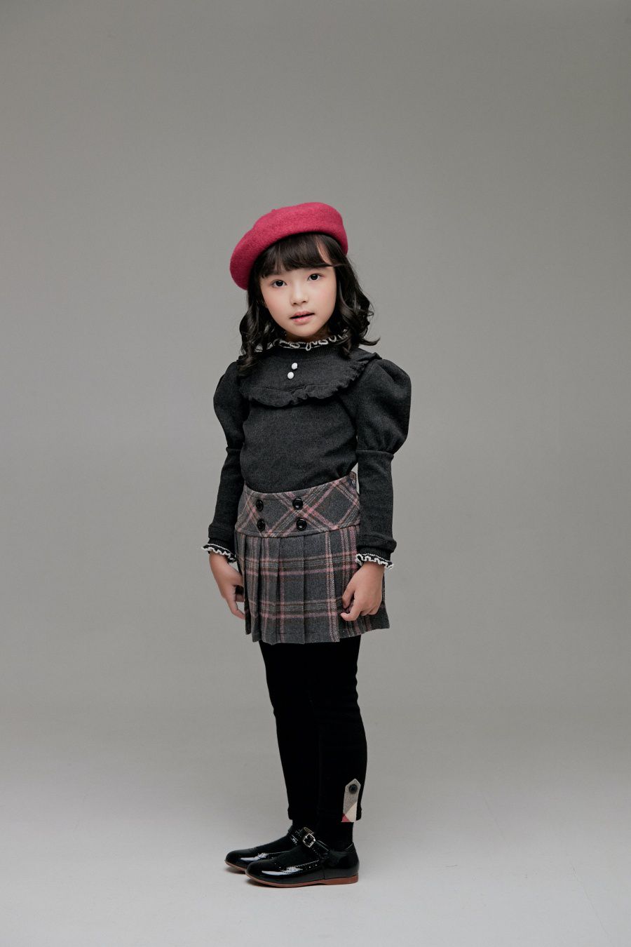 韓國 Coco Bang - 格紋學院風百褶裙-淺灰X粉紅