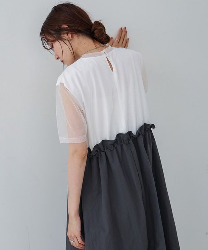 日本 Bab - 拼接層次感抽繩薄紗短袖洋裝-灰x黑