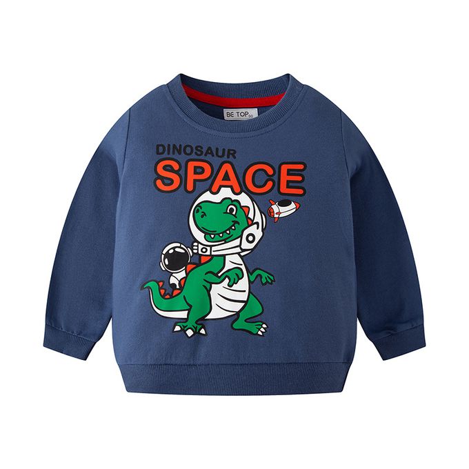 純棉圓領長袖上衣/大學T-外星恐龍-藍色