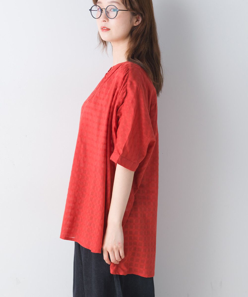 日本女裝代購 - 100%印度棉 透氣淺格紋短袖襯衫-活力紅