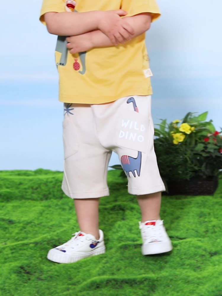 純棉休閒運動五分褲-長脖子恐龍-杏色