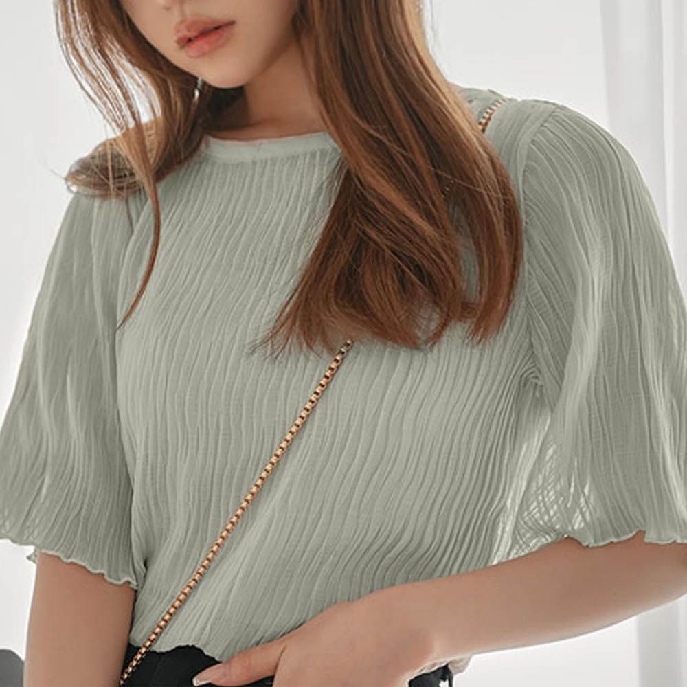 輕盈波浪透膚短袖上衣(附內裡)-湖水綠 (F)