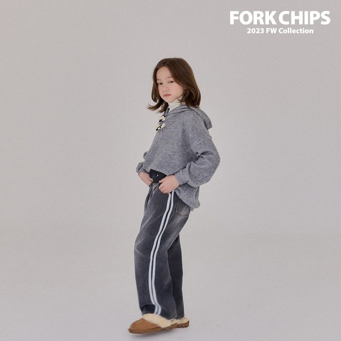 韓國 FORK CHIPS - (內磨毛)鬆緊腰雙線條點綴牛仔長褲-黑灰